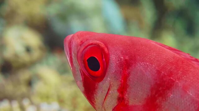 close up shot of a Moontail Bullseye, also known as Crescent tail Bigeye or Goggle eye Priacanthus hamrur, showcasing its distinctive large red eye and vibrant scales against a soft focus coral reef b