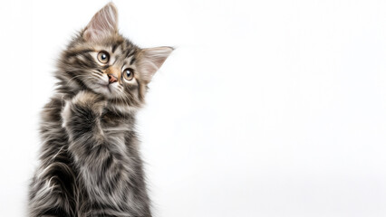 Fototapeta premium Curious fluffy tabby kitten tilting head with raised paw on white background with large copy space right