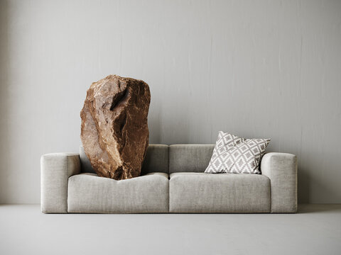 Huge rock slab on soft gray sofa. Comfortable furniture concept. Modern interior. 3D Rendering, 3D Illustration