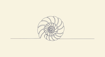 Minimalist continuous one line art of a spiral nautilus shell on a cream background vector graphic. © Vectorus