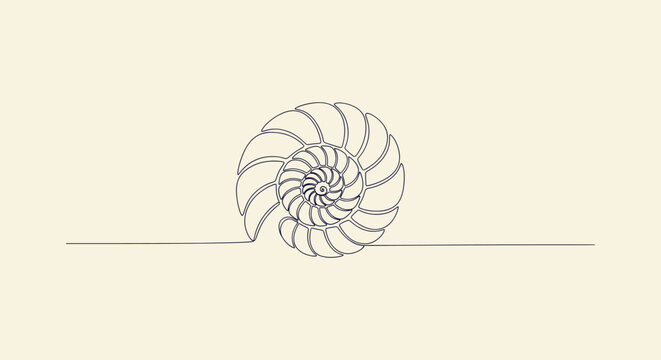 Minimalist continuous one line art of a spiral nautilus shell on a cream background vector graphic.