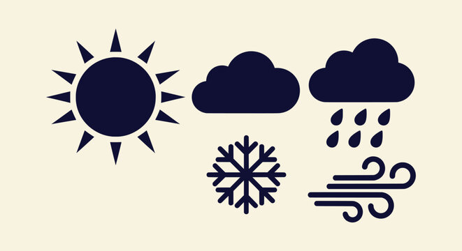 Collection of weather icons including sun, rain, cloud, snowflake and wind for forecast design.