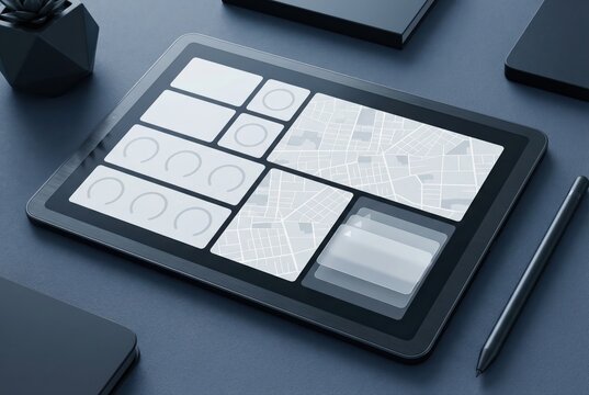 Digital tablet interface showcasing user interface design elements with a minimalist aesthetic including mockups templates and urban map grid representation emphasizing creativity and innovation