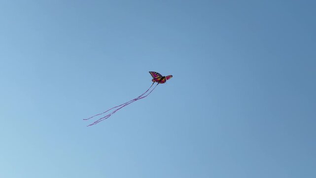 Bright decorative butterfly kite floats in open sky with long colorful ribbons trailing behind. Minimal summer scene represents freedom, play, and outdoor recreation.