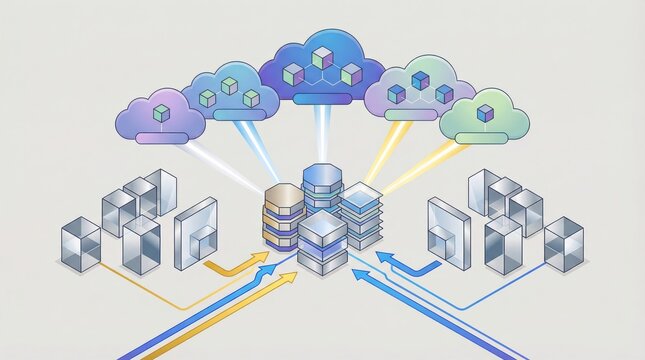 Dynamic cloud storage architectures visualizing digital data exchange through organized structures, interconnected components, and scalable infrastructure in a seamless environment of innovation