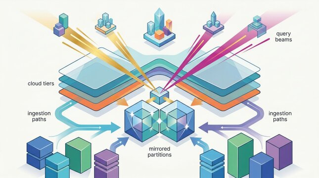 Data architecture visualization illustrating cloud tiers ingestion paths mirrored partitions enhancing query efficiency through innovative geometric arrangements and vibrant color palettes