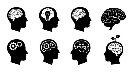 Brain Icons Set: Silhouette Heads with Cognitive Concepts, Ideas, Growth, and Gears for Mental Processes, Psychology, and Innovation © PERFECT QUALITY