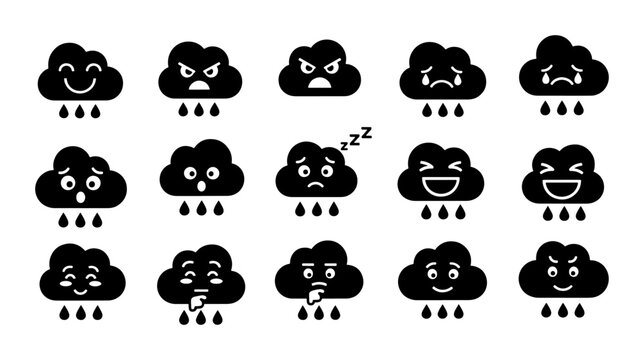Set of 15 Black Cloud Emoji Icons, Diverse Emotions and Weather, Vector Graphics for Digital and Print Applications