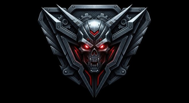 3D futuristic robot skull emblem with glowing red eyes on dark background