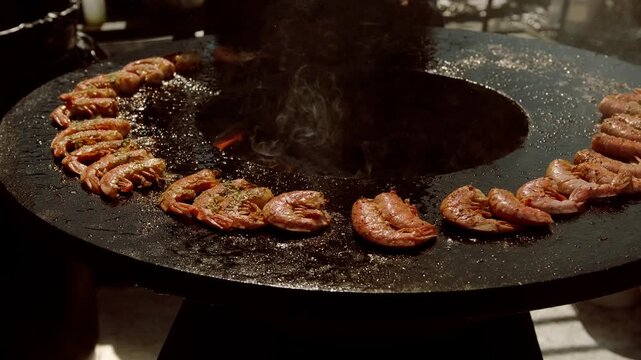 Shrimp cooking on outdoor charcoal circular grill. Seafood preparation on hot fire during street food festival. Culinary art and gourmet meal concept for dining event or party.