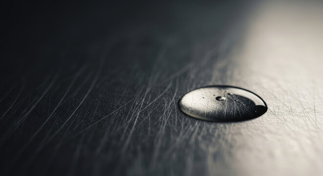 a single drop of thick black crude oil resting on a dark scratched metallic surface, representing petroleum production, industrial resources, oil spills, and the energy commodity market