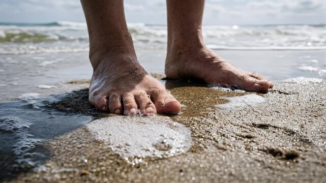 Close-up of bare feet standing on wet sand on beach shoreline with ocean waves in summer day