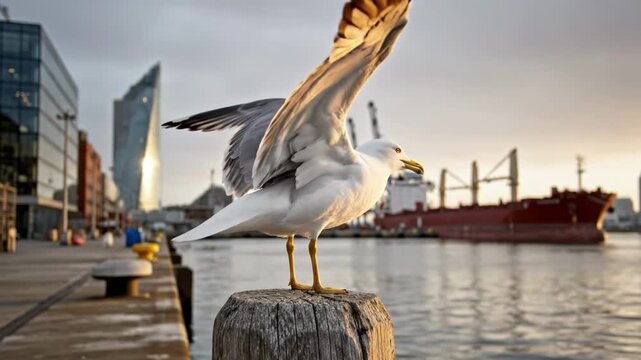 Seagull perched on a wooden post by the waterfront