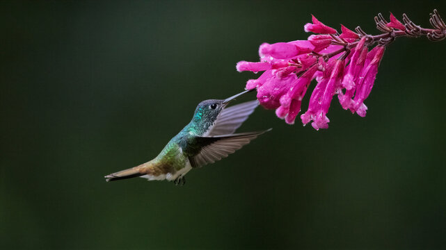 White-necked Jacobin Hummingbird Feeding on Vibrant Pink Flowers in Colombia