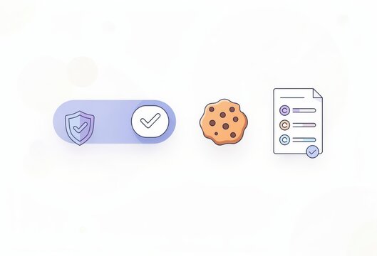 Digital consent management interface displaying security verification checkmark alongside a cookie icon and data collection sheet illustrating privacy protocols and user acceptance dynamics