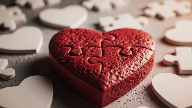 Red heart shaped puzzle piece surrounded by white puzzle pieces