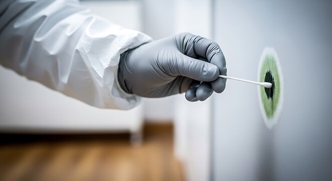Technician in protective suit taking environmental air sample swab from wall surface with technician, protective