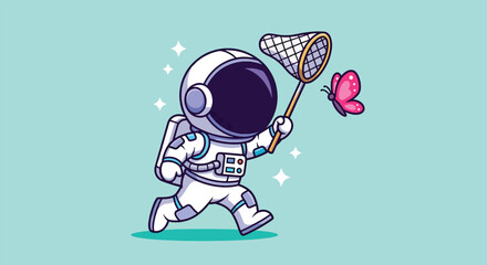 Cute cartoon astronaut running to catch a pink butterfly with a net in space illustration. © Caroline Studio