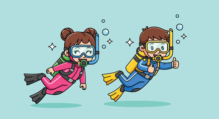Cute cartoon boy and girl scuba diving together. © Caroline Studio