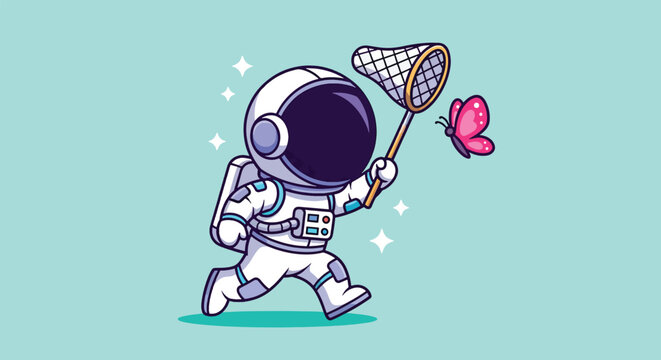 Cute cartoon astronaut running to catch a pink butterfly with a net in space illustration.