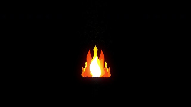 Stylized 2D animated campfire burning against a solid black background. Minimalist cartoon fire flame flickering in the dark for motion graphics and game assets.