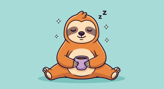 Cute cartoon sloth sleeping while holding a purple coffee mug on a teal background.