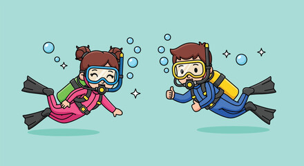Two cute cartoon kids scuba diving underwater in wetsuits with masks and oxygen tanks.