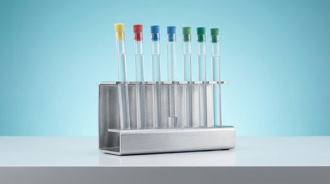 Sophisticated arrangement of test tubes with colorful stoppers positioned in a sleek metallic holder against a serene turquoise backdrop exemplifying precision in laboratory settings