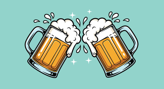 Two beer mugs clinking together with foam and splashes.
