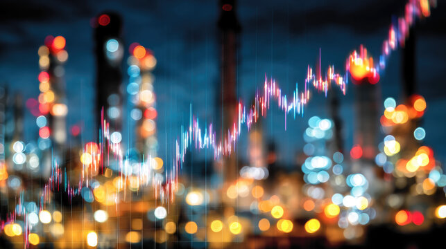 glowing oil price graph chart over blurred petrochemical refinery towers, energy shortage crisis concept, middle east conflict impact on global energy market.