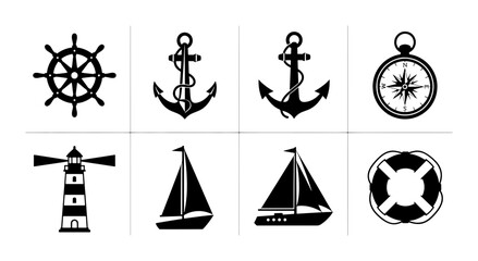 Nautical Icons Set: Ship Wheel, Anchors, Compass, Lighthouse, Sailboats, Lifebuoy Vector Graphics for Maritime and Travel Themes © PERFECT QUALITY