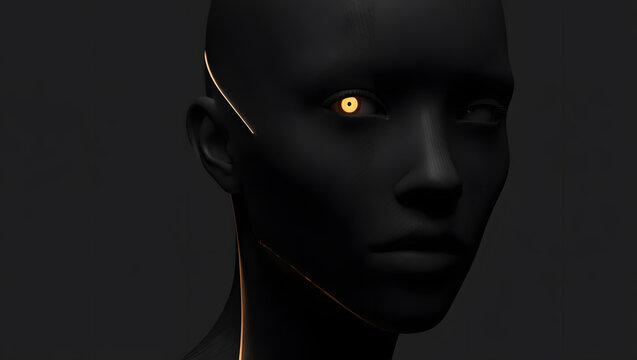 A futuristic humanoid robot with a black body and glowing yellow eye