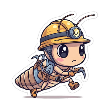 Cartoon Caterpillar Wearing Mining Helmet.