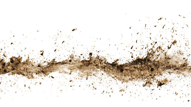 Mud splatter with rough earthy texture and particles, isolated on a white background
