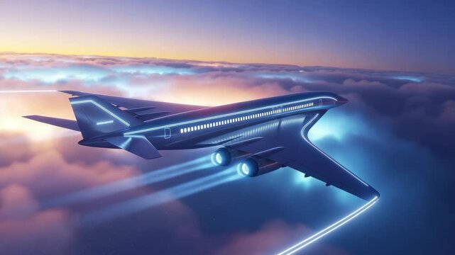 Modern aircraft flying above clouds with neon light detailing