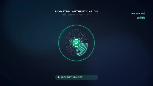 Futuristic biometric authentication system scanning fingerprint for secure identity verification with glowing interface and success confirmation