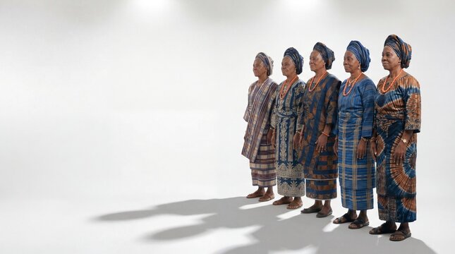 Five senior African women stand in a line against a white background, proudly wearing traditional blue and brown patterned dresses, coral beads, and gele headties.