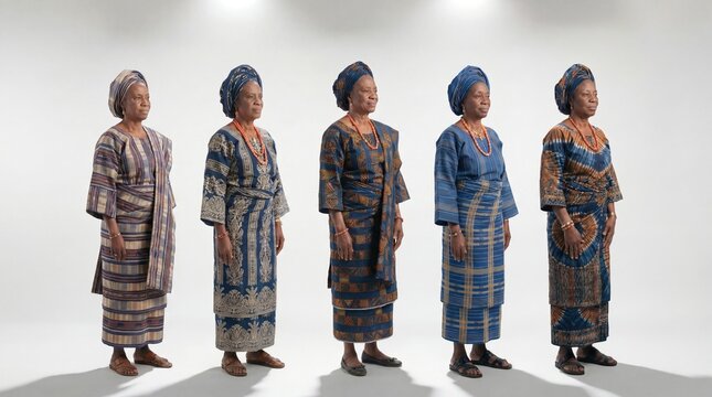 Five older African women standing in a row, wearing diverse traditional blue and brown patterned outfits with headwraps and coral beads on a white studio background.