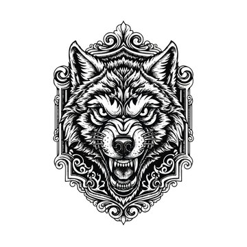 Furry angry wolf head portrait.