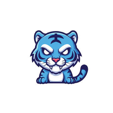 Blue cartoon tiger face closeup.