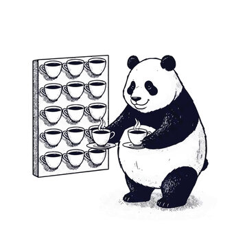 Panda holding a cup of coffee.
