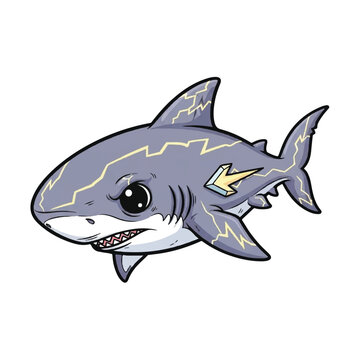 Cartoon shark with lightning bolts.