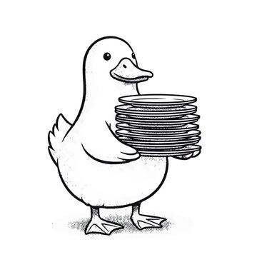Cartoon duck holding stack plates.