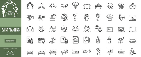 Event planning line icons set wedding arch stage lights banquet buffet video camera safety guard event ticket guest list & more vector illustration with editable stroke.