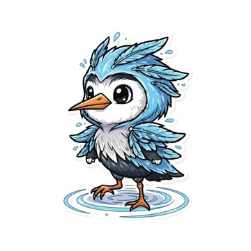 Cute Cartoon Blue Bird Standing Wet.