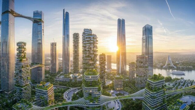 Modern cityscape with green buildings under sunny skies