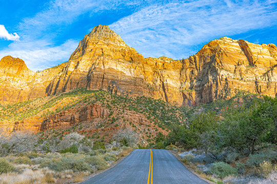  straight two-lane road leads directly toward towering golden sandstone cliffs glowing in warm sunlight against a blue sky in Zion National Park.