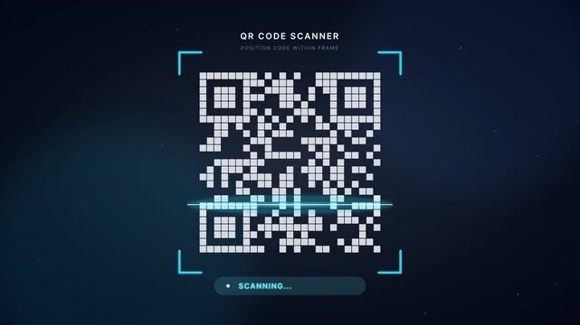 Digital QR code scanner interface scanning a code with animated progress and successful scan confirmation