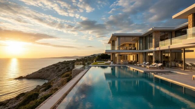Modern house with infinity pool overlooking the ocean at sunset