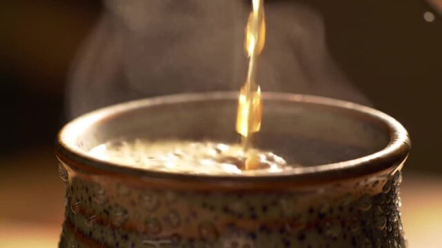 Close-Up of Hot Coffee Pouring into Ceramic Mug with Rising Steam